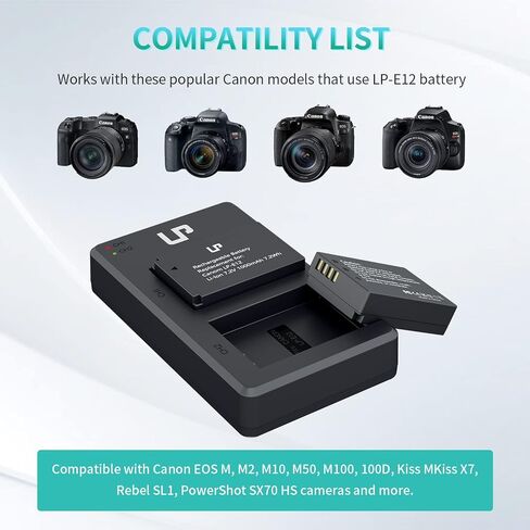LP LP-E12 Battery 2-Pack 1200mAh Batteries for Canon EOS M, M2, M10, M50, M50 Mark II, M100, M200, Rebel SL1, PowerShot SX70 HS, Kiss M, Kiss X7 Cameras in Saudi Arabia