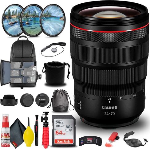 Canon RF 24-70mm f/2.8L is USM Lens (3680C002) + Filter Kit + Backpack + 64GB Card + Lens Pouch + Card Reader + Flex Tripod + Memory Wallet + Cap Keeper + Cleaning Kit + Hand Strap + More (Renewed) in Saudi Arabia