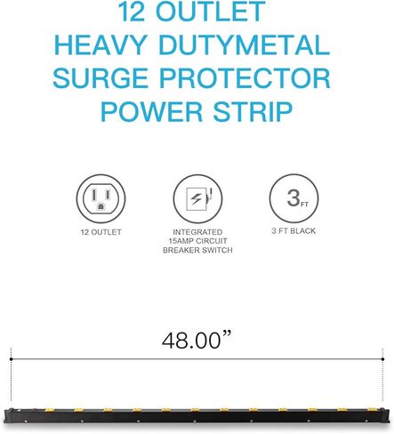 KMC 12 Outlet Heavy Duty Workshop Metal Power Strip with 3-Foot Long Extension Cord with Circuit Breaker, for Workshop and Industrial use, ETL Certified,Black in Kuwait