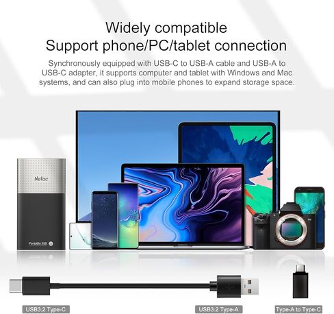 Netac 1TB Portable SSD USB 3.2 Gen 2 (10 Gbps, Type-C) External Solid State Drive Backup Slim Drive for File Storage/Business Travel Essential, Rapid Read & Write Low Noise, Z9 in Kuwait