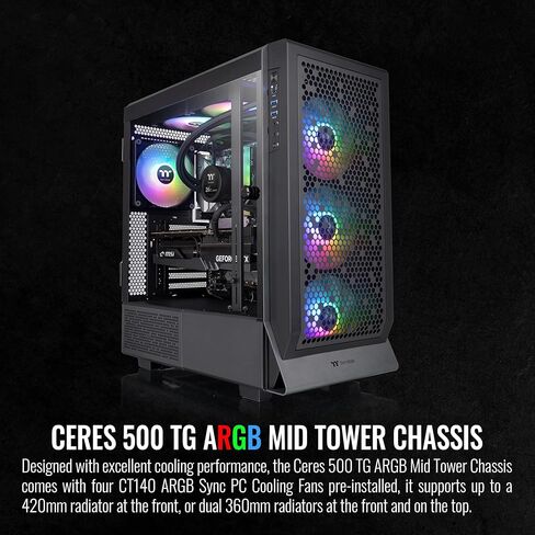 Thermaltake Ceres 500 Black Mid Tower E-ATX Computer Case with Tempered Glass Side Panel; 4 Preinstalled PWM ARGB Fans; Rotational PCIe Slots & GPU Holder; CA-1X5-00M1WN-00; 3 Years Warranty in Kuwait