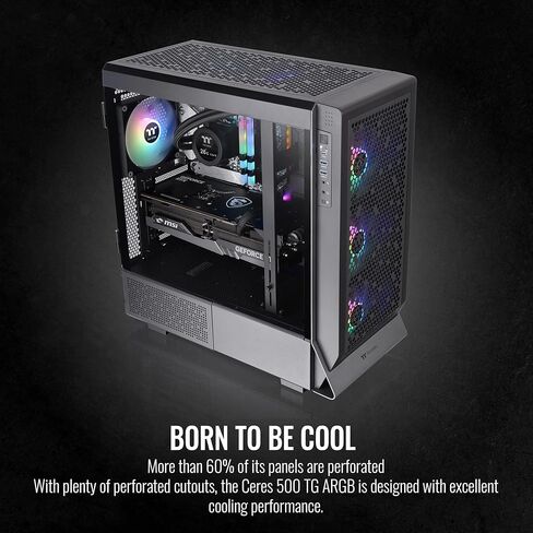 Thermaltake Ceres 500 Black Mid Tower E-ATX Computer Case with Tempered Glass Side Panel; 4 Preinstalled PWM ARGB Fans; Rotational PCIe Slots & GPU Holder; CA-1X5-00M1WN-00; 3 Years Warranty in Kuwait
