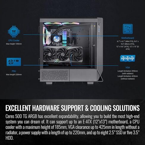 Thermaltake Ceres 500 Black Mid Tower E-ATX Computer Case with Tempered Glass Side Panel; 4 Preinstalled PWM ARGB Fans; Rotational PCIe Slots & GPU Holder; CA-1X5-00M1WN-00; 3 Years Warranty in Kuwait