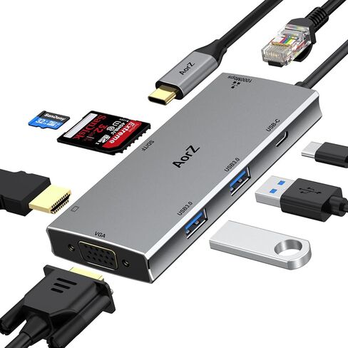 محور USB C، محطة إرساء USB C - محول USB C Hub متعدد المنافذ 8 في 1، ملحقات MacBook Pro Air مع 100 وات PD، 4K HDMI، 1 جيجابت في الثانية إيثرنت، 2 منافذ USB 3.0، قارئ بطاقة SD/TF، ​​2K VGA، لأجهزة Mac وXPS. . in Kuwait