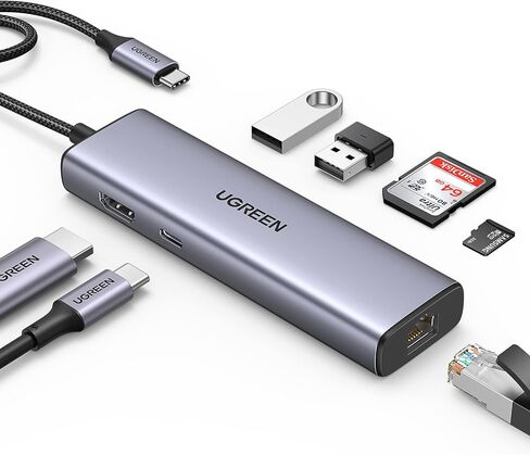 يوجرين موزع USB C 7 في 1 مع جيجابت ايثرنت، محول متعدد المنافذ من النوع C الى 4K HDMI، قاعدة شحن بي دي 100 واط، منافذ USB 3.0، قارئ بطاقات SD/TF، موزع USB-C لماك بوك برو/اير ام 1، اكس بي اس، ديل، اتش in Kuwait