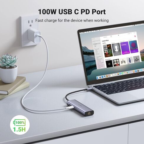 يوجرين موزع USB C 7 في 1 مع جيجابت ايثرنت، محول متعدد المنافذ من النوع C الى 4K HDMI، قاعدة شحن بي دي 100 واط، منافذ USB 3.0، قارئ بطاقات SD/TF، موزع USB-C لماك بوك برو/اير ام 1، اكس بي اس، ديل، اتش in Kuwait