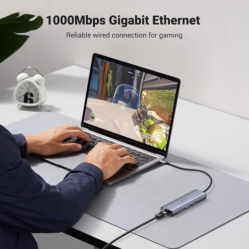 يوجرين موزع USB C 7 في 1 مع جيجابت ايثرنت، محول متعدد المنافذ من النوع C الى 4K HDMI، قاعدة شحن بي دي 100 واط، منافذ USB 3.0، قارئ بطاقات SD/TF، موزع USB-C لماك بوك برو/اير ام 1، اكس بي اس، ديل، اتش in Kuwait