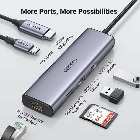 يوجرين موزع USB C 7 في 1 مع جيجابت ايثرنت، محول متعدد المنافذ من النوع C الى 4K HDMI، قاعدة شحن بي دي 100 واط، منافذ USB 3.0، قارئ بطاقات SD/TF، موزع USB-C لماك بوك برو/اير ام 1، اكس بي اس، ديل، اتش in Kuwait