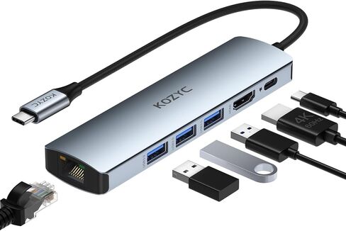 محول USB C Hub Ethernet متعدد المنافذ، KOZYC 6 في 1 USB C إلى HDMI Dock مع HDMI 4K 60 هرتز، 1 جيجابت في الثانية RJ45 Ethernet، 3 منافذ بيانات USB 3.2، 100 وات PD متوافق مع MacBook Air/Pro، XPS13/15، Dell in Kuwait