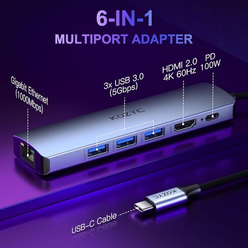 محول USB C Hub Ethernet متعدد المنافذ، KOZYC 6 في 1 USB C إلى HDMI Dock مع HDMI 4K 60 هرتز، 1 جيجابت في الثانية RJ45 Ethernet، 3 منافذ بيانات USB 3.2، 100 وات PD متوافق مع MacBook Air/Pro، XPS13/15، Dell in Kuwait