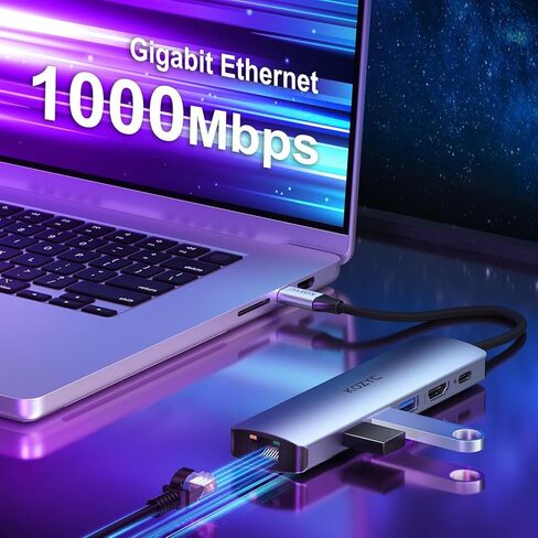 محول USB C Hub Ethernet متعدد المنافذ، KOZYC 6 في 1 USB C إلى HDMI Dock مع HDMI 4K 60 هرتز، 1 جيجابت في الثانية RJ45 Ethernet، 3 منافذ بيانات USB 3.2، 100 وات PD متوافق مع MacBook Air/Pro، XPS13/15، Dell in Kuwait