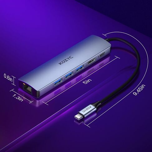 محول USB C Hub Ethernet متعدد المنافذ، KOZYC 6 في 1 USB C إلى HDMI Dock مع HDMI 4K 60 هرتز، 1 جيجابت في الثانية RJ45 Ethernet، 3 منافذ بيانات USB 3.2، 100 وات PD متوافق مع MacBook Air/Pro، XPS13/15، Dell in Kuwait
