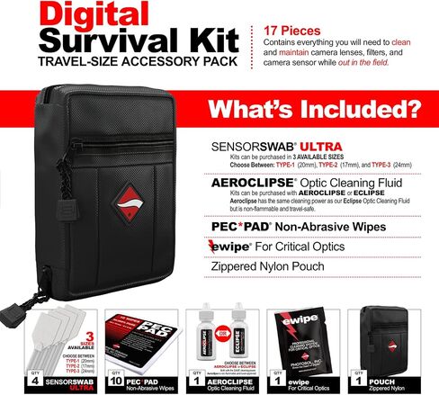 Digital Survival Kit - Type-1 (20mm) Sensor Swabs, PEC-PAD Photo Wipes, E-Wipe Packet, Aeroclipse Optic Cleaner Non-Flamable Solution - Camera Cleaning Kit with Travel Bag in Saudi Arabia