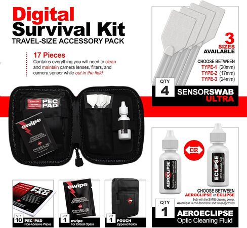 Digital Survival Kit - Type-1 (20mm) Sensor Swabs, PEC-PAD Photo Wipes, E-Wipe Packet, Aeroclipse Optic Cleaner Non-Flamable Solution - Camera Cleaning Kit with Travel Bag in Saudi Arabia