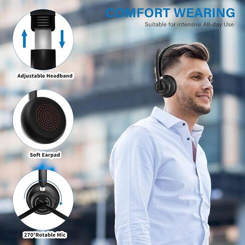 سماعة راس لاسلكية بلوتوث مع ميكروفون بخاصية الغاء الضوضاء ودونجل USB، بدون استخدام اليدين لمدة 45 ساعة / اتصال مزدوج / زر كتم الصوت، سماعة كمبيوتر لاسلكية مع ميكروفون للكمبيوتر والعمل وسكايب وزووم in Kuwait