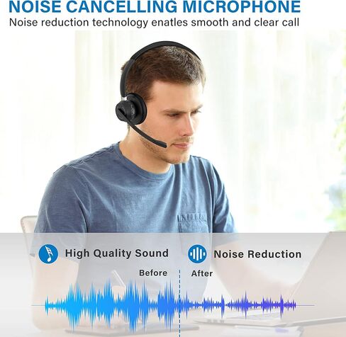 سماعة راس لاسلكية بلوتوث مع ميكروفون بخاصية الغاء الضوضاء ودونجل USB، بدون استخدام اليدين لمدة 45 ساعة / اتصال مزدوج / زر كتم الصوت، سماعة كمبيوتر لاسلكية مع ميكروفون للكمبيوتر والعمل وسكايب وزووم in Kuwait