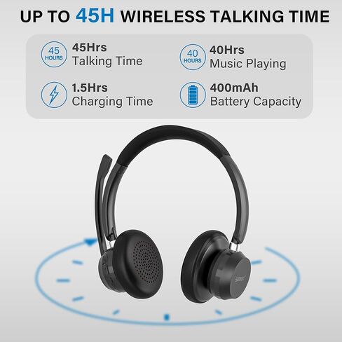 سماعة راس لاسلكية بلوتوث مع ميكروفون بخاصية الغاء الضوضاء ودونجل USB، بدون استخدام اليدين لمدة 45 ساعة / اتصال مزدوج / زر كتم الصوت، سماعة كمبيوتر لاسلكية مع ميكروفون للكمبيوتر والعمل وسكايب وزووم in Kuwait