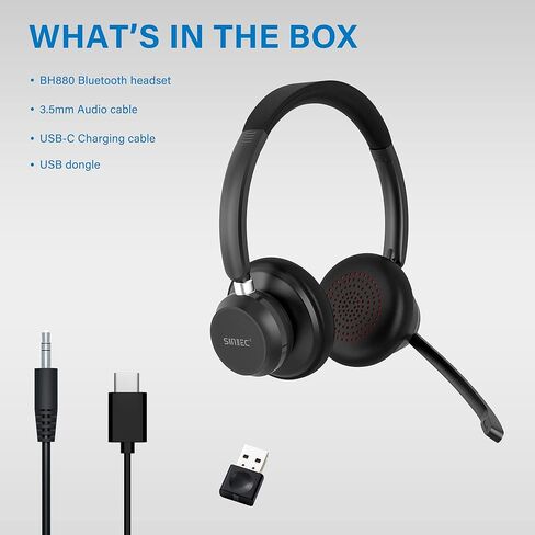 سماعة راس لاسلكية بلوتوث مع ميكروفون بخاصية الغاء الضوضاء ودونجل USB، بدون استخدام اليدين لمدة 45 ساعة / اتصال مزدوج / زر كتم الصوت، سماعة كمبيوتر لاسلكية مع ميكروفون للكمبيوتر والعمل وسكايب وزووم in Kuwait