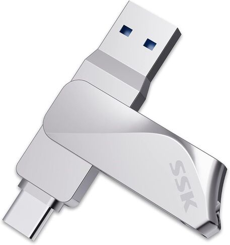 SSK 64GB USB 3.2 Flash Thumb Drive up to 200MB/s Dual USB A+C Memory Stick | OTG Function,USB Keychain,2 in 1 Dual Ports,USB 3.2 Gen 1 Pendrive,Metal Photo Stick for Android Phones/Mac,Silver in Kuwait