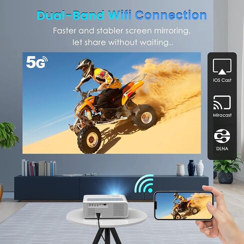 جهاز عرض واي فاي 5G 1080P يدعم 4K - او اس كيو 800 ANSI HD للافلام الخارجية مع بلوتوث، 4P و±50° كيستون، تكبير 50%، 300 انش يدعم فيديو السينما المنزلية PPT، PS4، تي في ستيك، لابتوب، هاتف، ابيض (O-410) in Kuwait