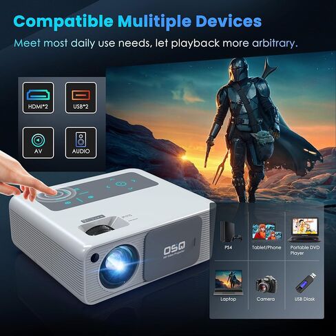 جهاز عرض واي فاي 5G 1080P يدعم 4K - او اس كيو 800 ANSI HD للافلام الخارجية مع بلوتوث، 4P و±50° كيستون، تكبير 50%، 300 انش يدعم فيديو السينما المنزلية PPT، PS4، تي في ستيك، لابتوب، هاتف، ابيض (O-410) in Kuwait