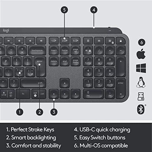 لوحة مفاتيح Logitech USB-C MX Keys المتقدمة اللاسلكية المضيئة - الجرافيت (متجددة) in Kuwait