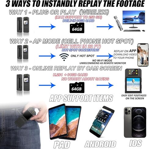 كاميرا الجسم مع تسجيل عالي الدقة 1080 بكسل، ومسجل شاشة 1.4 بوصة، وبطاقة 64 جيجابايت مدمجة مع وضع مصباح يدوي، وتسجيل حلقي، وعمر بطارية 6 ساعات، وكاميرا شرطة يمكن ارتداؤها للمنزل، والخارج، وإنفاذ القانون، وحارس الأمن in Kuwait