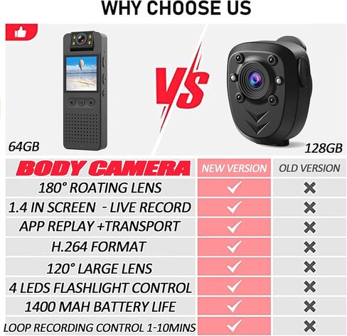 كاميرا الجسم مع تسجيل عالي الدقة 1080 بكسل، ومسجل شاشة 1.4 بوصة، وبطاقة 64 جيجابايت مدمجة مع وضع مصباح يدوي، وتسجيل حلقي، وعمر بطارية 6 ساعات، وكاميرا شرطة يمكن ارتداؤها للمنزل، والخارج، وإنفاذ القانون، وحارس الأمن in Kuwait