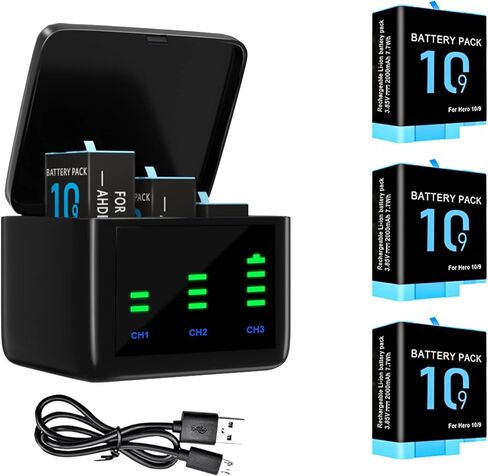 Bonadget 2000mAh 3-Pack Battery and 3-Channel Storage Charger for Gopro Hero 10/9 with USB & Type-C Charging Port Compatible with Gopro Hero 10 Black Battery and Charger Bundle with LED Display Screen in Kuwait