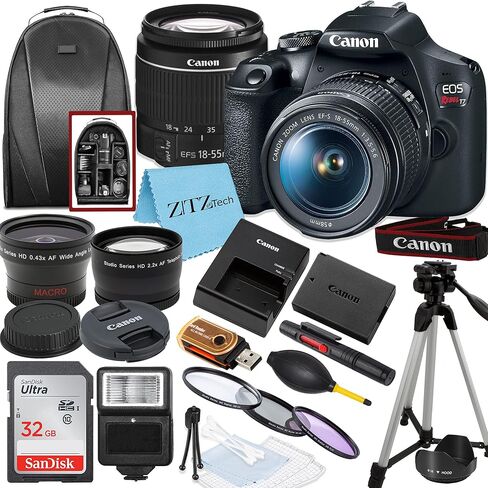 كاميرا Canon EOS Rebel T7 الرقمية ذات العدسة الأحادية العاكسة مع عدسة تكبير EF-S مقاس 18-55 مم + بطاقة ذاكرة SanDisk سعة 32 جيجابايت + حامل ثلاثي القوائم + حافظة + عدسات واسعة الزاوية + حزمة ملحقات ZeeTech (حزمة 20 قطعة) (متجددة) in Kuwait