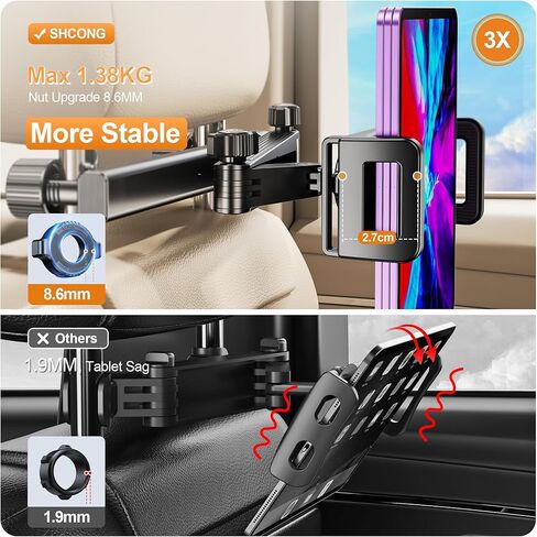 SHCONG 【2023 حامل كمبيوتر لوحي iPad الجيل الرابع للسيارة، 【قابل للتمديد 29.8 سم】، حامل سيارة iPad المقعد الخلفي للأطفال، مسند رأس عالمي بنسبة 99% لجميع الأجهزة اللوحية 4.7 ~ 12.9 بوصة، iPad Pro Air Mini in Kuwait