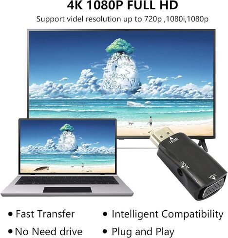 YACSEJAO HDMI to VGA Adapter，1080P HDMI Male to VGA Female Converter with Audio Compatible with Monitor, Laptop, Computer, PC, Desktop, Projector, HDTV, Chromebook, Ultrabooks and More in Kuwait