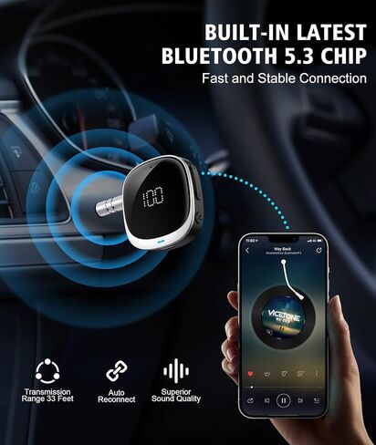 محول BCADON Bluetooth AUX للسيارة، جهاز استقبال بلوتوث 5.3 مع شاشة LED، محول سيارة بلوتوث للستيريو المنزلي/سماعات الرأس السلكية/مكبر الصوت، اتصال مزدوج، ميكروفون HiFi مدمج in Kuwait