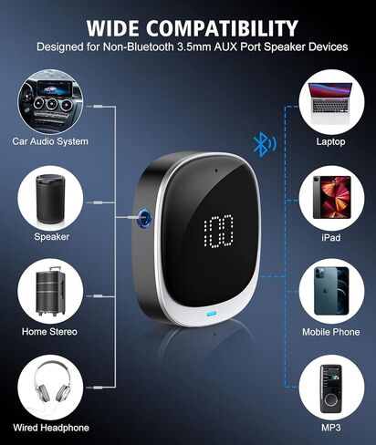 محول BCADON Bluetooth AUX للسيارة، جهاز استقبال بلوتوث 5.3 مع شاشة LED، محول سيارة بلوتوث للستيريو المنزلي/سماعات الرأس السلكية/مكبر الصوت، اتصال مزدوج، ميكروفون HiFi مدمج in Kuwait