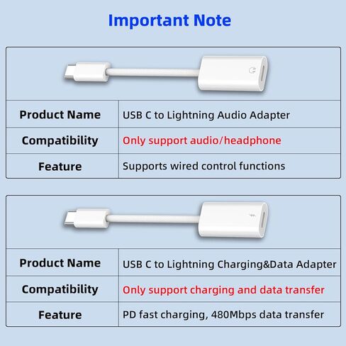 Jadebones 2 حزمة USB C ذكر إلى Lightning Female محول لـ iPhone 15 / Plus / Pro / Pro Max، iPad Pro / Air، واحد فقط للصوت / سماعة الرأس، واحد فقط للشحن ونقل البيانات in Kuwait