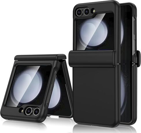 Maxdara for Z Flip 5 Case Hinge Protection with Built-in Glass Front Screen Protector, Support Wireless Charging Shockproof Protective Phone Case for Samsung Galaxy Z Flip 5 5G - Black in Kuwait