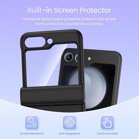 Maxdara for Z Flip 5 Case Hinge Protection with Built-in Glass Front Screen Protector, Support Wireless Charging Shockproof Protective Phone Case for Samsung Galaxy Z Flip 5 5G - Black in Kuwait