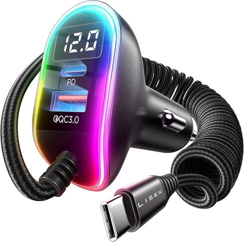 شاحن سيارة LISEN 96W USB C متعدد المنافذ للشحن السريع USB C محول شاحن سيارة PD&QC مع كابل 5.3ft نوع C لشاحن سيارة iPhone 15 متوافق مع iPhone 15 Pro Max/Plus/14/13/12، Samsung S23/22/21 in Kuwait