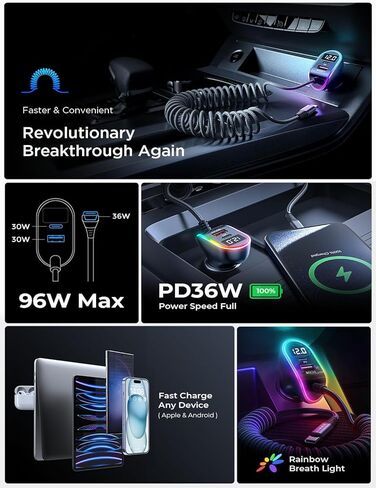 شاحن سيارة LISEN 96W USB C متعدد المنافذ للشحن السريع USB C محول شاحن سيارة PD&QC مع كابل 5.3ft نوع C لشاحن سيارة iPhone 15 متوافق مع iPhone 15 Pro Max/Plus/14/13/12، Samsung S23/22/21 in Kuwait