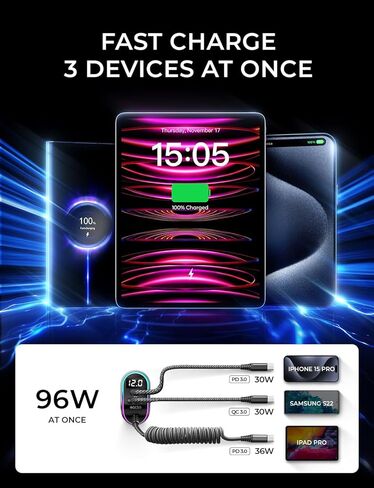 شاحن سيارة LISEN 96W USB C متعدد المنافذ للشحن السريع USB C محول شاحن سيارة PD&QC مع كابل 5.3ft نوع C لشاحن سيارة iPhone 15 متوافق مع iPhone 15 Pro Max/Plus/14/13/12، Samsung S23/22/21 in Kuwait