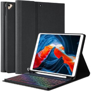 حافظة لوحة مفاتيح iPad الجيل التاسع الجديدة 10.2 بوصة 2021/(الجيل الثامن) 2020/(الجيل السابع) 2019، حافظة لوحة مفاتيح بإضاءة خلفية 7 ألوان لجهاز iPad 10.2 بوصة /iPad Air 3 10.5 بوصة (الجيل الثالث)/iPad Pro 10.5 بوصة مع حامل قلم رصاص( أرجواني)