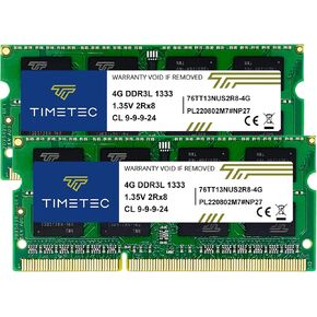 Timetec 8GB KIT(2x4GB) DDR3 / DDR3L 1333MHz PC3-10600 Non-ECC Unbuffered 1.5V / 1.35V CL9 2Rx8 Dual Rank Low Density 204 Pin SODIMM Laptop Notebook PC Computer Memory RAM Module Upgrade in Kuwait
