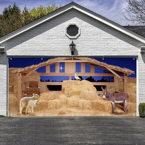 Preboun Christmas Nativity Garage Door Banner Cover Nativity Stable Scene Backdrop Banner Farm Barn Backdrop Christmas Banner Western Photo Backdrop Outdoor Xmas Holiday Winter Party Decor (7 x 8 ft)