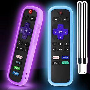 2 Pack Case for Roku Remote, Silicone Cover for Roku TCL | Hisense Roku Remote Case Universal for Roku Express 4K+ 2021 | Roku Streaming Stick+ Remote Cover with Lanyards Glow Pink & Sky Blue