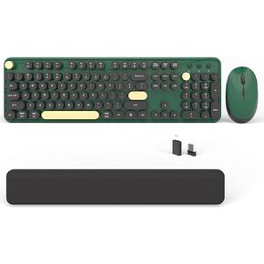 Wireless Computer Keyboards Mouse Combos, COVEVA Colorful Typewriter Retro Keyboard with Round Keycaps, USB Keyboard and Mouse Set 2.4GHz Full-Size Wireless Keyboard and Optical Mouse.（Dark Green）