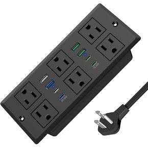 Black 45W Type-C Recessed Power Socket,PD Fast Charging USB-C QC3.0 3A USB-A Power Strip, Plug in 6 Outlets & 4 USB-A Ports &4 USB-C Port,Connect 3ft Extension Cord