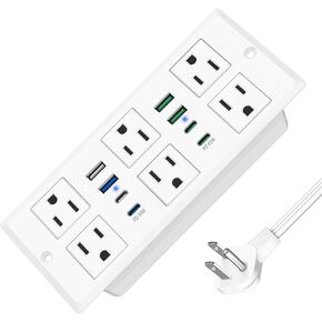 Black 45W Type-C Recessed Power Socket,PD Fast Charging USB-C QC3.0 3A USB-A Power Strip, Plug in 6 Outlets & 4 USB-A Ports &4 USB-C Port,Connect 3ft Extension Cord