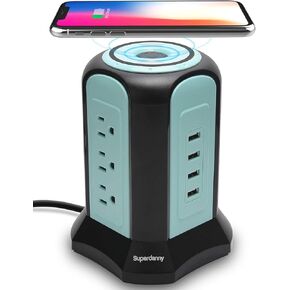 Power Strip Tower Wireless Charger, SUPERDANNY Surge Protector Tower, 10A 1080J Charger Station with 9 Outlets & 4 USB Ports, Extension Cord 10ft for Laptop Phone Black and Blue in Kuwait
