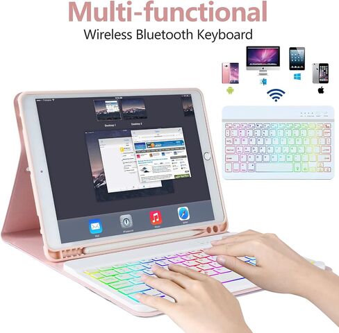 حافظة لوحة مفاتيح iPad الجيل التاسع الجديدة 10.2 بوصة 2021/(الجيل الثامن) 2020/(الجيل السابع) 2019، حافظة لوحة مفاتيح بإضاءة خلفية 7 ألوان لجهاز iPad 10.2 بوصة /iPad Air 3 10.5 بوصة (الجيل الثالث)/iPad Pro 10.5 بوصة مع حامل قلم رصاص( أرجواني) in Kuwait