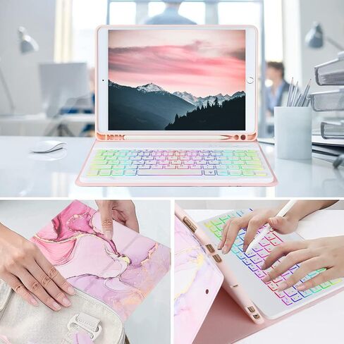 حافظة لوحة مفاتيح iPad الجيل التاسع الجديدة 10.2 بوصة 2021/(الجيل الثامن) 2020/(الجيل السابع) 2019، حافظة لوحة مفاتيح بإضاءة خلفية 7 ألوان لجهاز iPad 10.2 بوصة /iPad Air 3 10.5 بوصة (الجيل الثالث)/iPad Pro 10.5 بوصة مع حامل قلم رصاص( أرجواني) in Kuwait